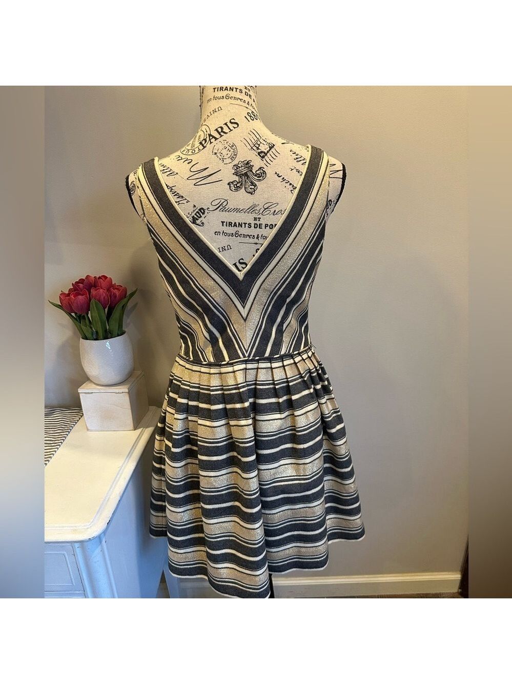 J. Crew Fit & Flair Striped Metallic Sleeveless V Neck Dress with Pockets Sz 4 - Picture 5 of 8